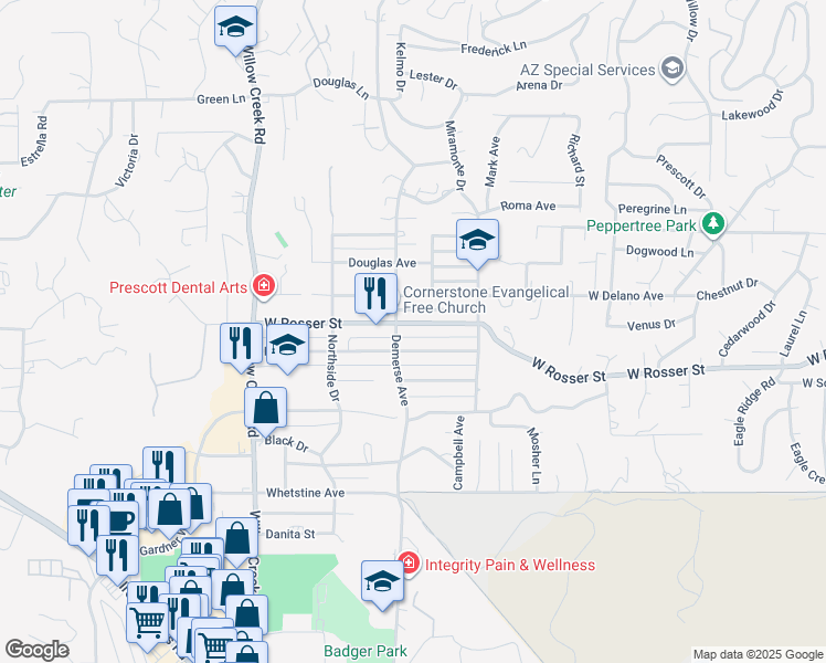 map of restaurants, bars, coffee shops, grocery stores, and more near 641 West Rosser Street in Prescott