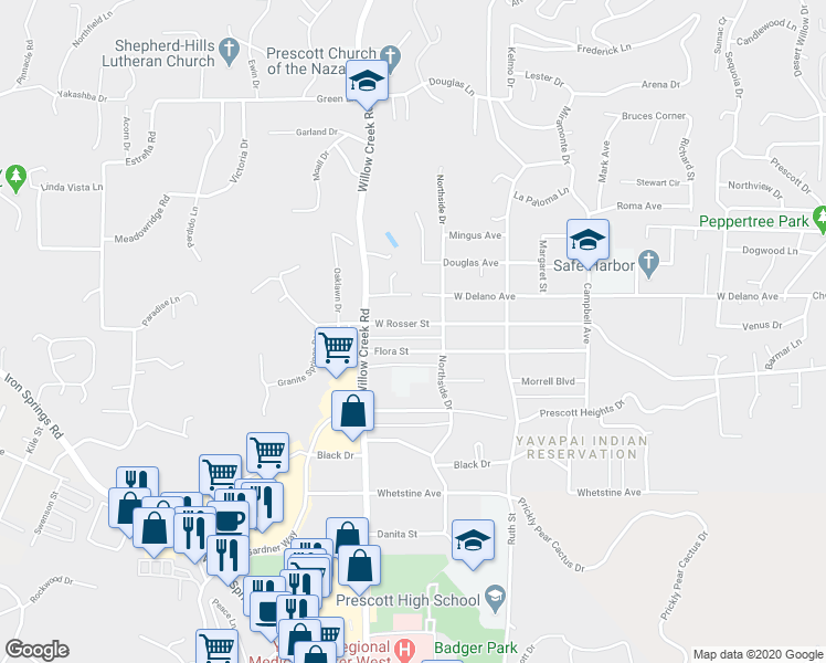 map of restaurants, bars, coffee shops, grocery stores, and more near 821 West Rosser Street in Prescott