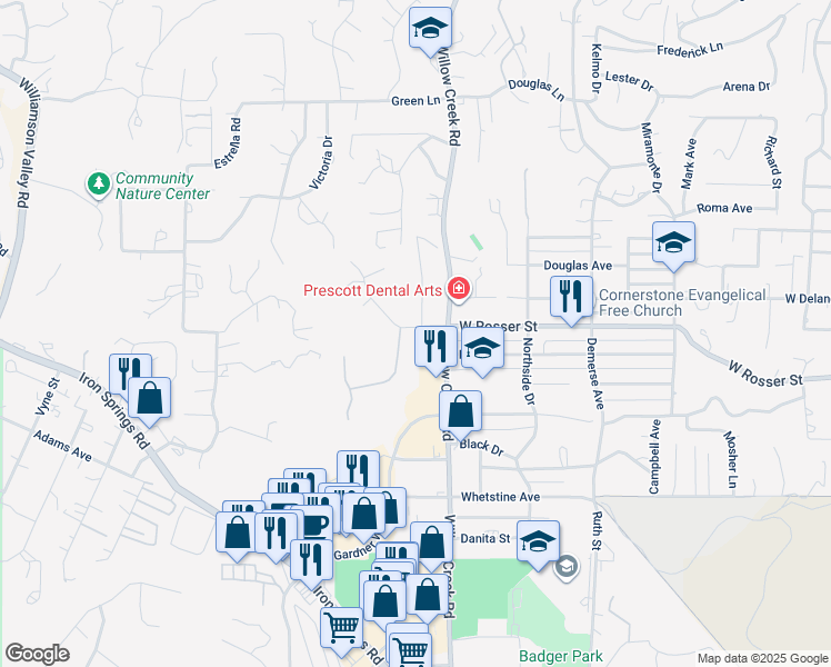 map of restaurants, bars, coffee shops, grocery stores, and more near 1680 Oaklawn Drive in Prescott