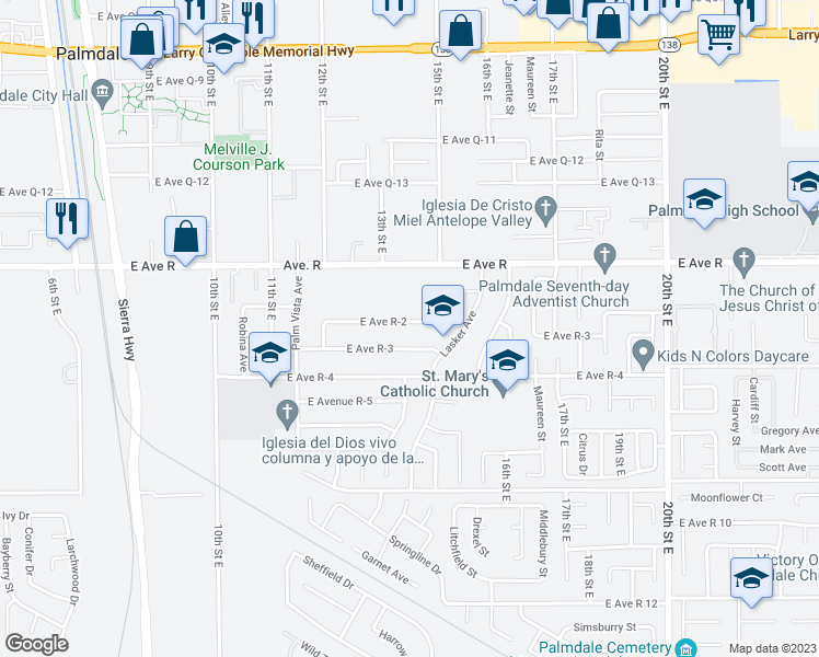 map of restaurants, bars, coffee shops, grocery stores, and more near 1320 East Avenue R-2 in Palmdale