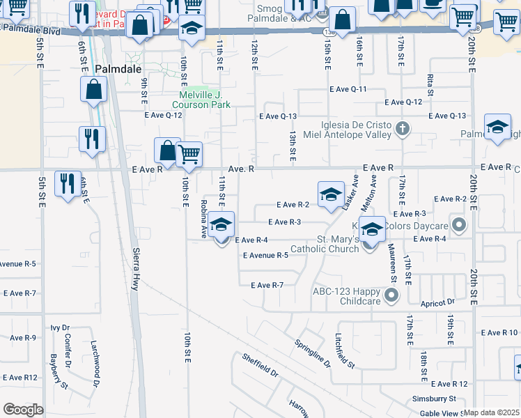 map of restaurants, bars, coffee shops, grocery stores, and more near 1208 East Avenue R-2 in Palmdale