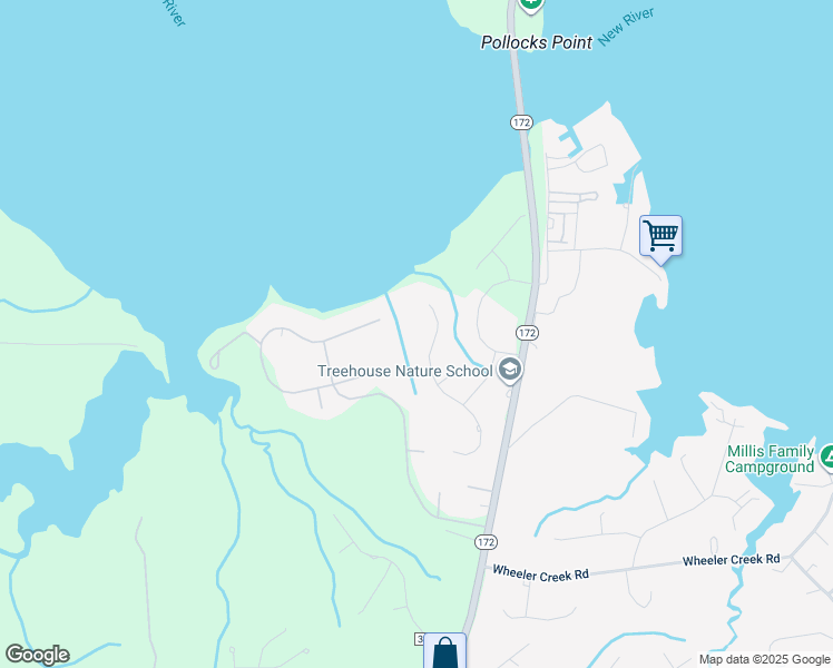 map of restaurants, bars, coffee shops, grocery stores, and more near 143 Bayside Drive in Sneads Ferry