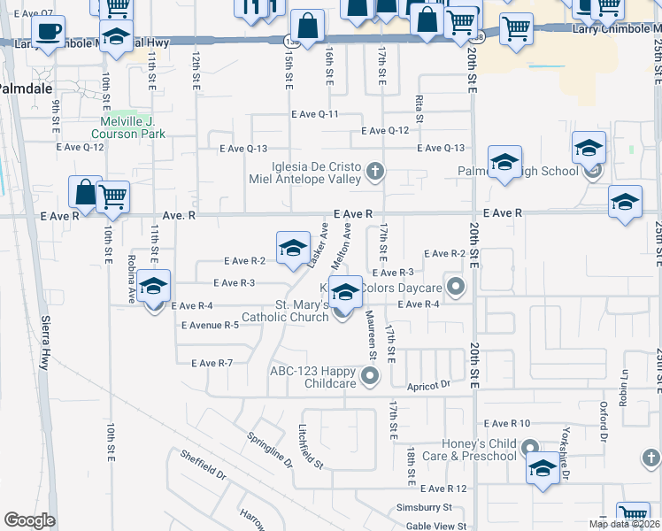 map of restaurants, bars, coffee shops, grocery stores, and more near 37857 Melton Avenue in Palmdale