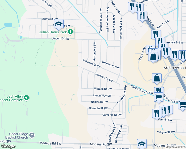 map of restaurants, bars, coffee shops, grocery stores, and more near 2301 Jefferson Avenue Southwest in Decatur