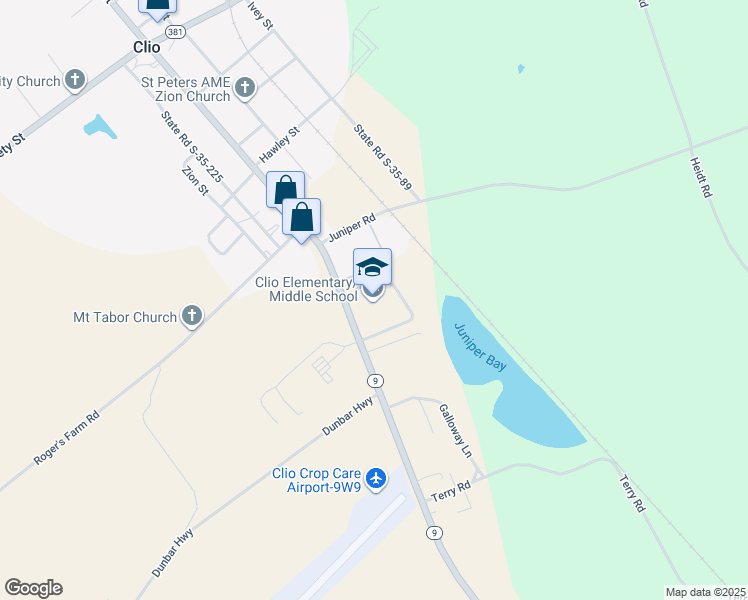 map of restaurants, bars, coffee shops, grocery stores, and more near 2635 South Carolina 9 in Clio