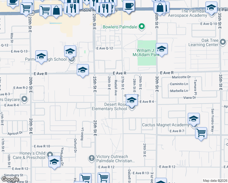 map of restaurants, bars, coffee shops, grocery stores, and more near 2549 East Avenue R-3 in Palmdale
