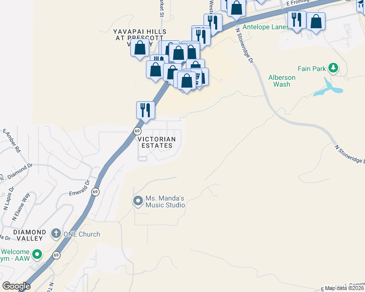 map of restaurants, bars, coffee shops, grocery stores, and more near 1784 East Mulberry Street in Prescott Valley