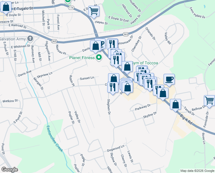 map of restaurants, bars, coffee shops, grocery stores, and more near 22 Stephen Circle in Toccoa