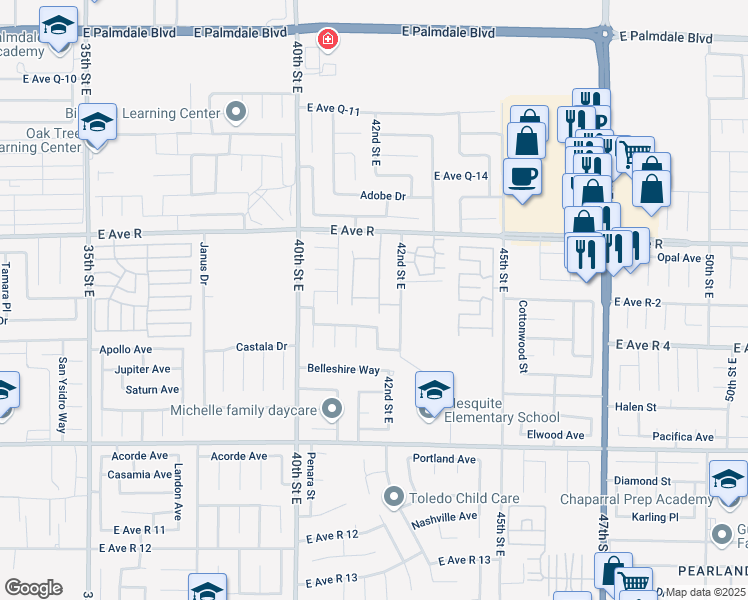 map of restaurants, bars, coffee shops, grocery stores, and more near 37823 42nd Street East in Palmdale
