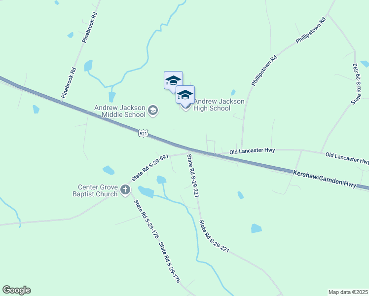 map of restaurants, bars, coffee shops, grocery stores, and more near 6925 Kershaw Camden Highway in Kershaw