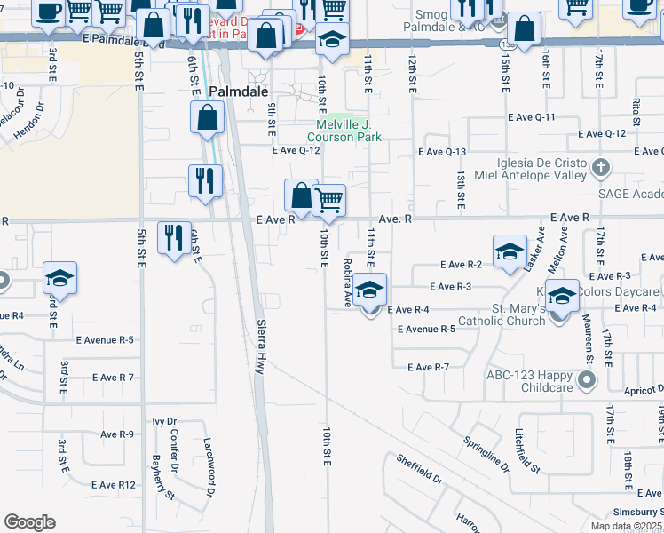 map of restaurants, bars, coffee shops, grocery stores, and more near 10th Street East in Los Angeles County