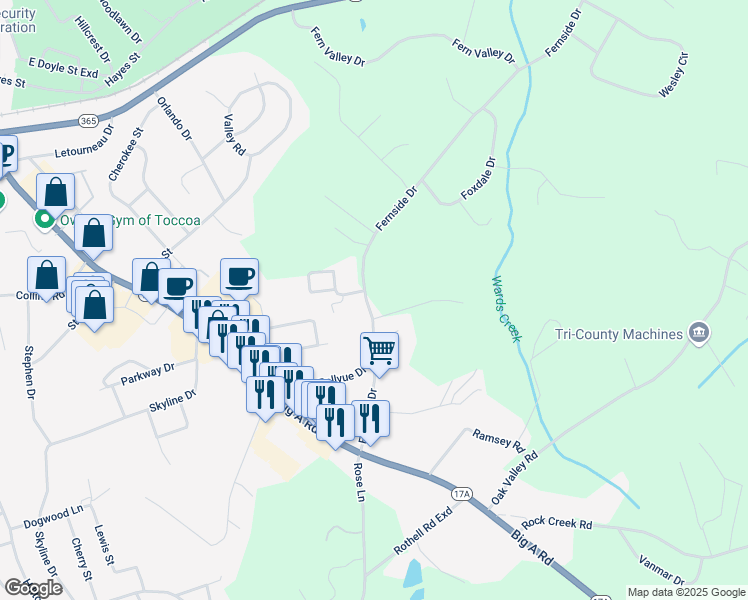 map of restaurants, bars, coffee shops, grocery stores, and more near 1541 Fernside Drive in Toccoa
