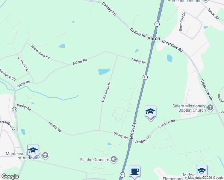 map of restaurants, bars, coffee shops, grocery stores, and more near 226 Town Creek Drive in Anderson