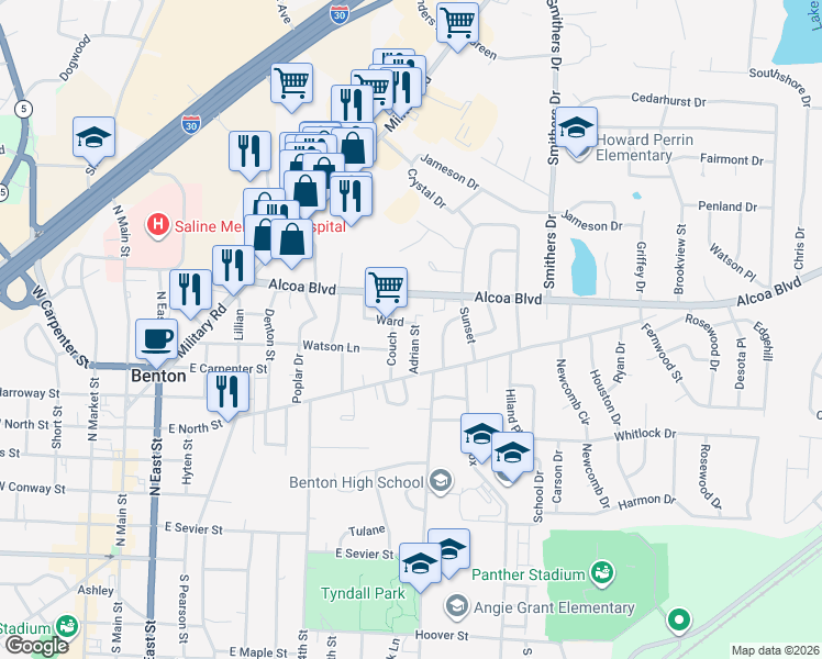 map of restaurants, bars, coffee shops, grocery stores, and more near 810 Adrian Street in Benton