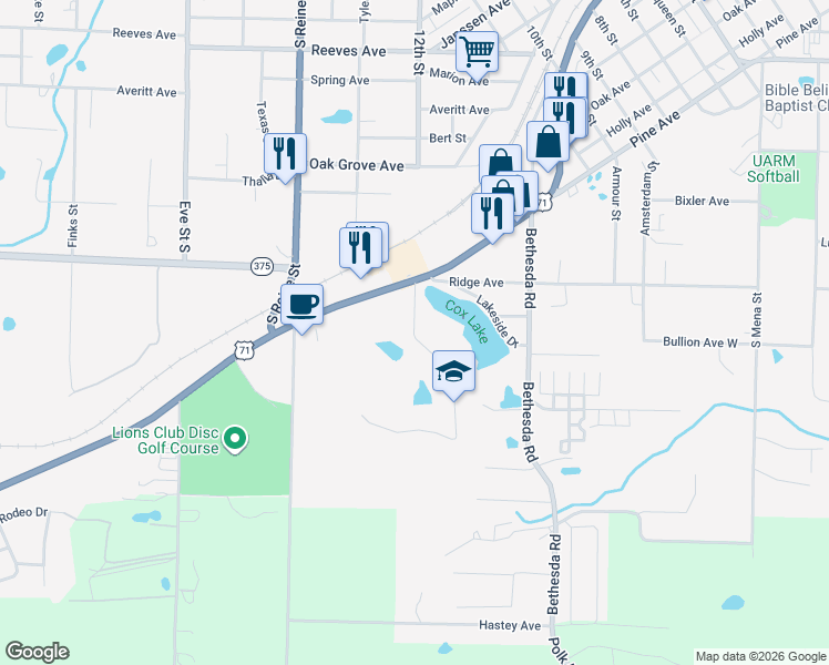 map of restaurants, bars, coffee shops, grocery stores, and more near 1904 Cordie Drive in Mena