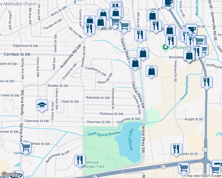 map of restaurants, bars, coffee shops, grocery stores, and more near 302 Larkwood Drive Southwest in Decatur