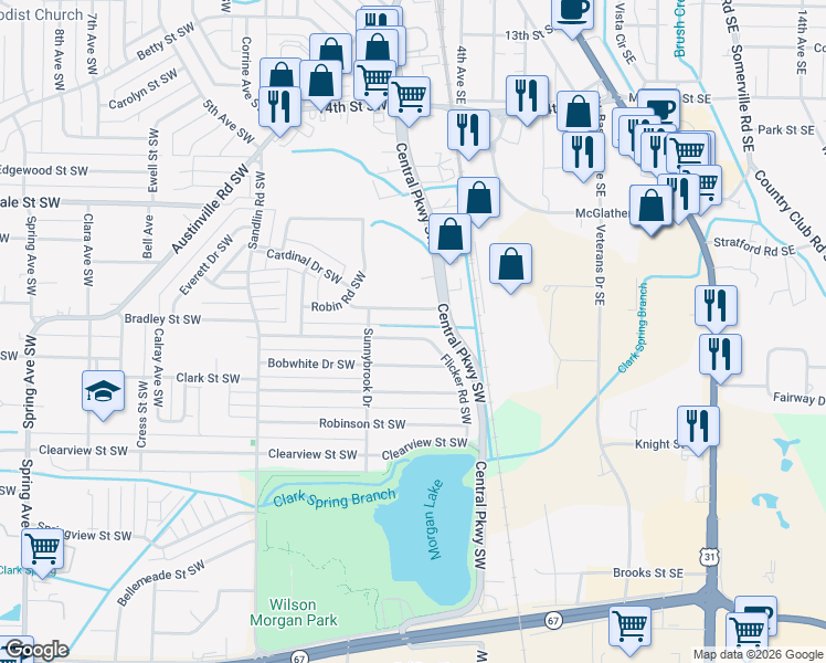 map of restaurants, bars, coffee shops, grocery stores, and more near 205 Larkwood Drive Southwest in Decatur