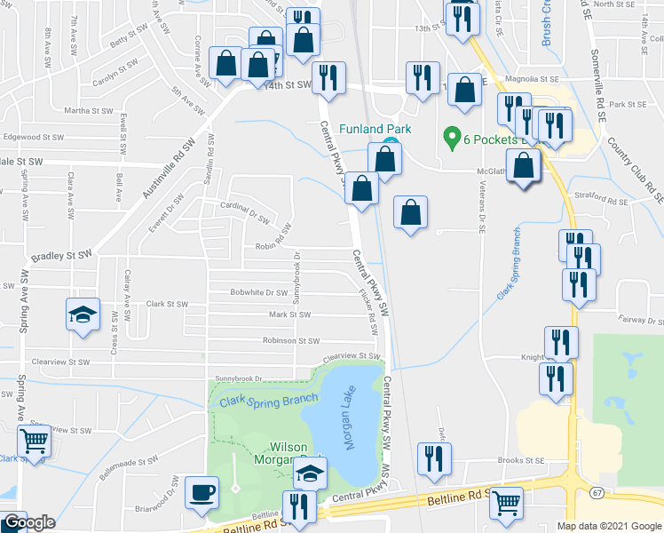 map of restaurants, bars, coffee shops, grocery stores, and more near 205 Larkwood Drive Southwest in Decatur