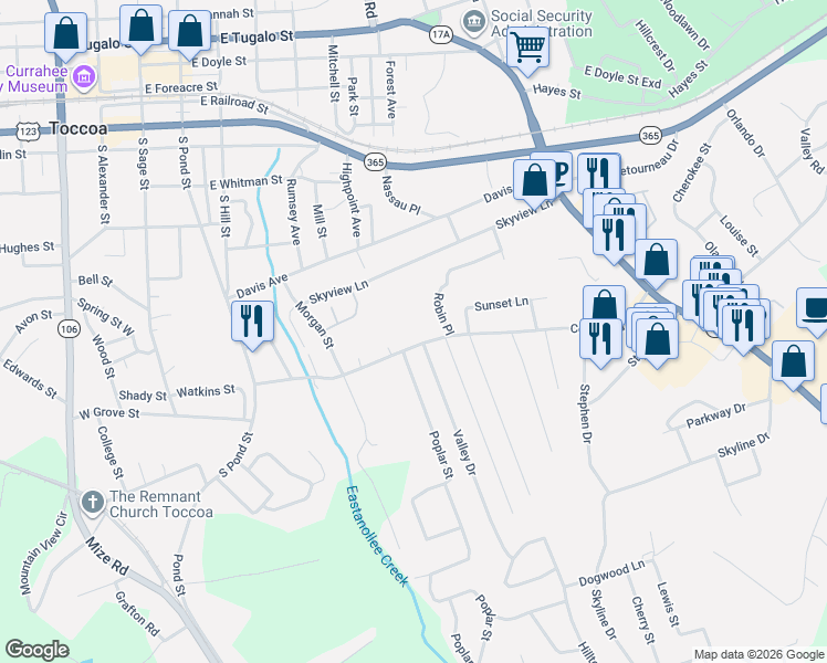 map of restaurants, bars, coffee shops, grocery stores, and more near 393 Collins Road in Toccoa