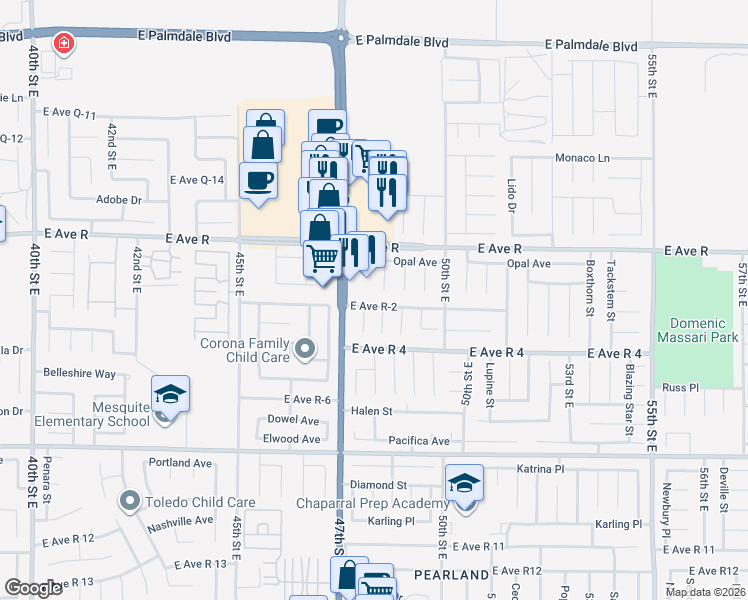 map of restaurants, bars, coffee shops, grocery stores, and more near 37848 Noble Court in Palmdale