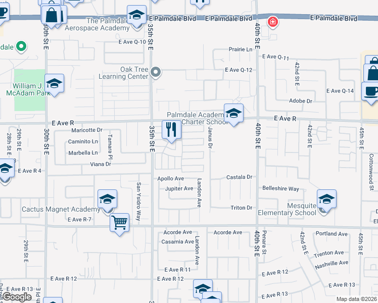 map of restaurants, bars, coffee shops, grocery stores, and more near 3524 East Avenue R in Palmdale