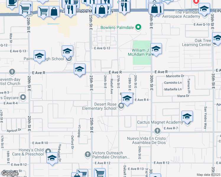 map of restaurants, bars, coffee shops, grocery stores, and more near 37853 27th Street East in Palmdale