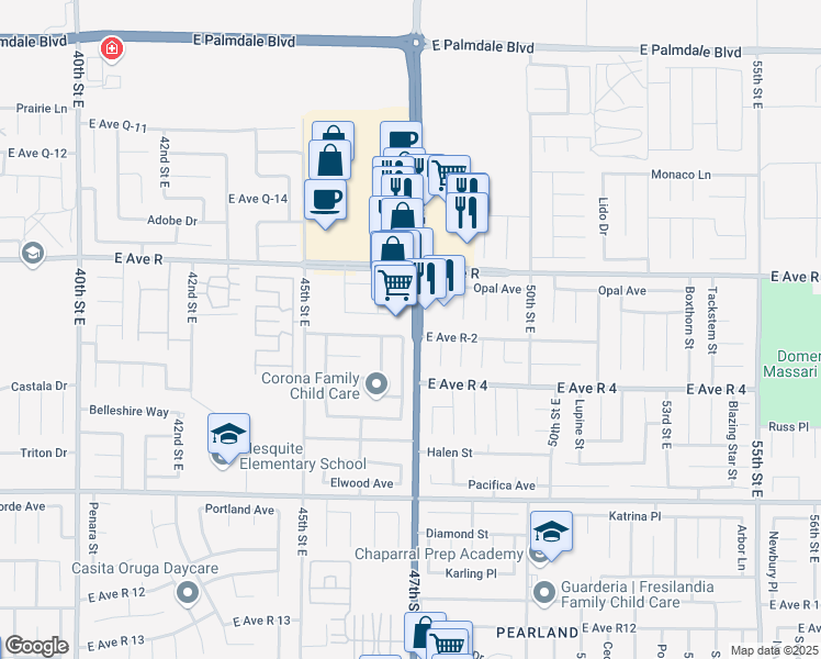 map of restaurants, bars, coffee shops, grocery stores, and more near 37825 Kingsly Court in Palmdale