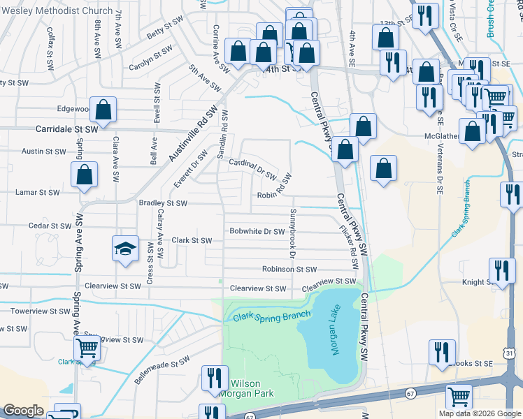 map of restaurants, bars, coffee shops, grocery stores, and more near 309 Larkwood Drive Southwest in Decatur