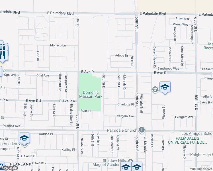 map of restaurants, bars, coffee shops, grocery stores, and more near 5711 Barcelona Drive in Palmdale