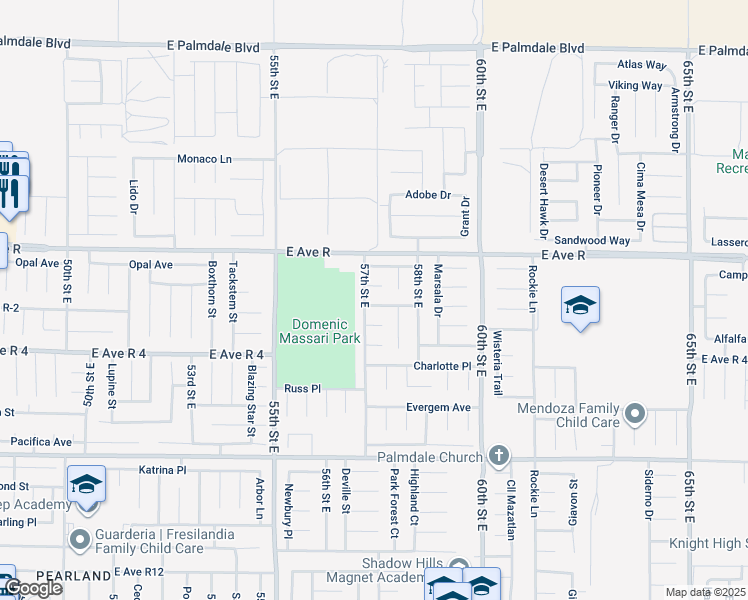 map of restaurants, bars, coffee shops, grocery stores, and more near 5711 Barcelona Drive in Palmdale