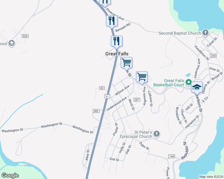 map of restaurants, bars, coffee shops, grocery stores, and more near 15 Catawba Avenue in Great Falls