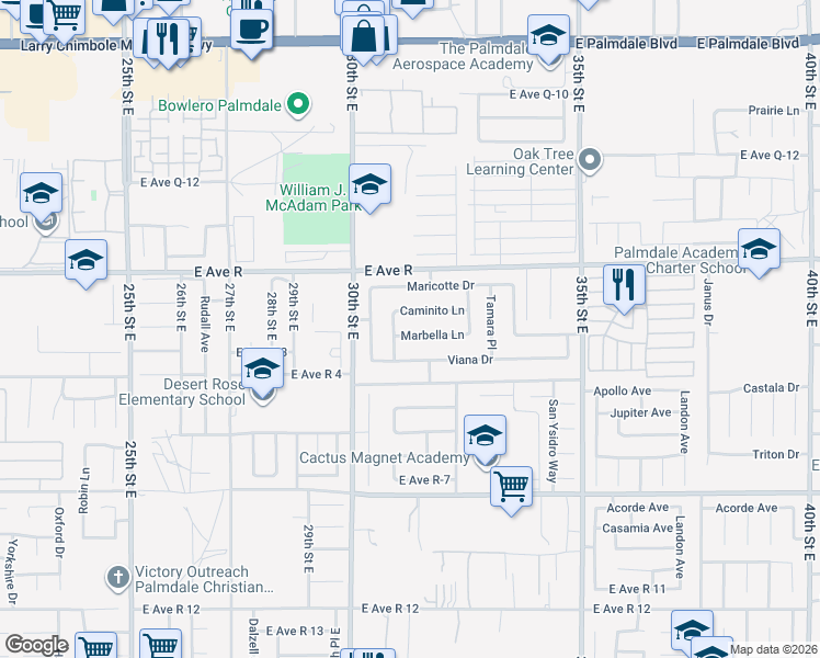 map of restaurants, bars, coffee shops, grocery stores, and more near 3063 Marbella Lane in Palmdale