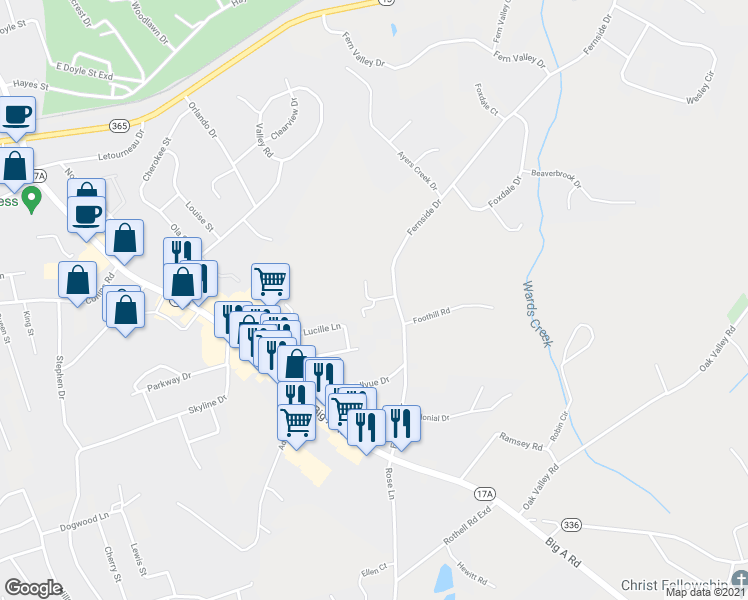 map of restaurants, bars, coffee shops, grocery stores, and more near 2 Fern Point Drive in Toccoa