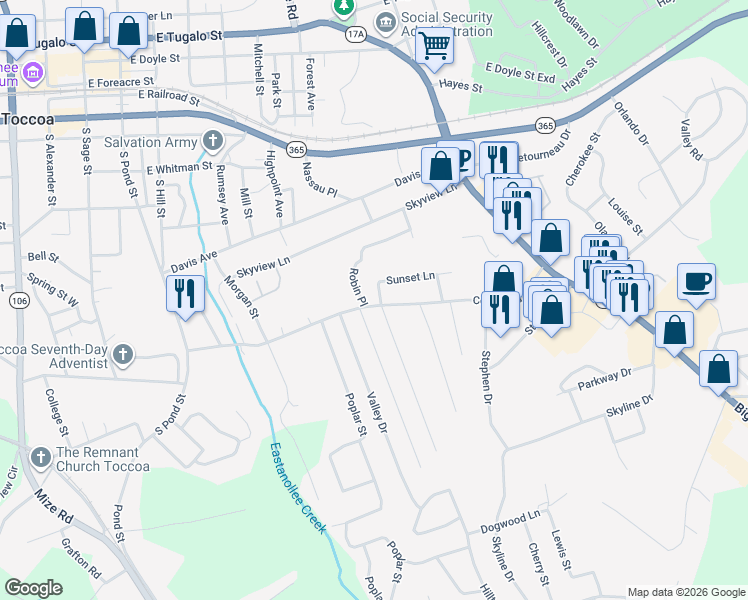 map of restaurants, bars, coffee shops, grocery stores, and more near 474 Collins Road in Toccoa