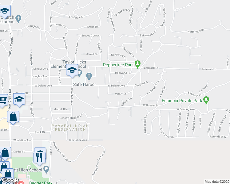 map of restaurants, bars, coffee shops, grocery stores, and more near 380 Venus Drive in Prescott