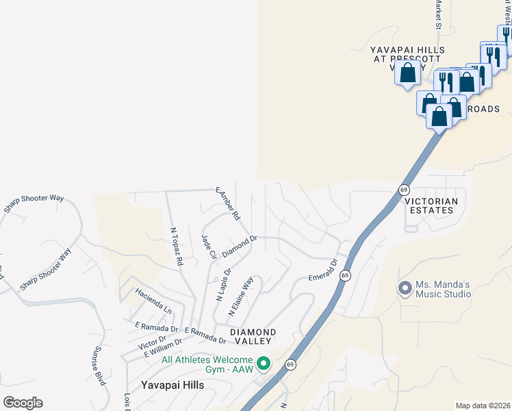 map of restaurants, bars, coffee shops, grocery stores, and more near 1883 North Lapis Drive in Prescott