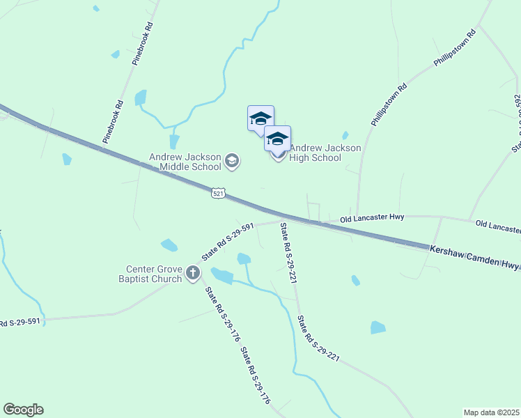 map of restaurants, bars, coffee shops, grocery stores, and more near 6925 Kershaw Camden Highway in Kershaw