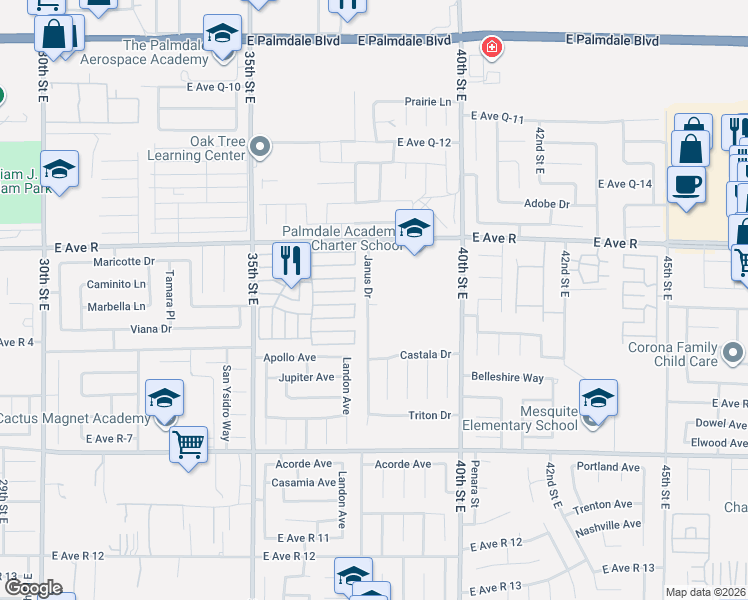 map of restaurants, bars, coffee shops, grocery stores, and more near 37900 Janus Drive in Palmdale