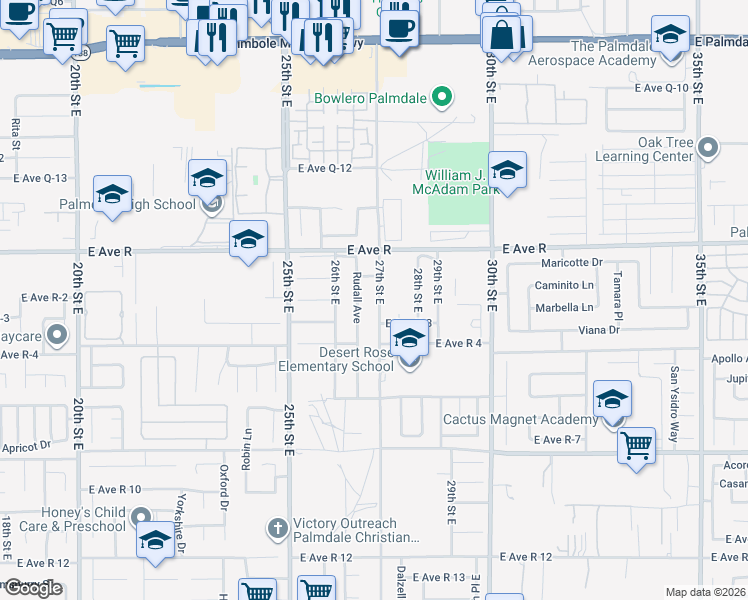 map of restaurants, bars, coffee shops, grocery stores, and more near 37853 27th Street East in Palmdale