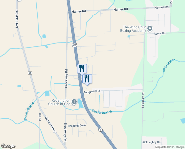 map of restaurants, bars, coffee shops, grocery stores, and more near 226 Craft Craig Road in Owens Cross Roads