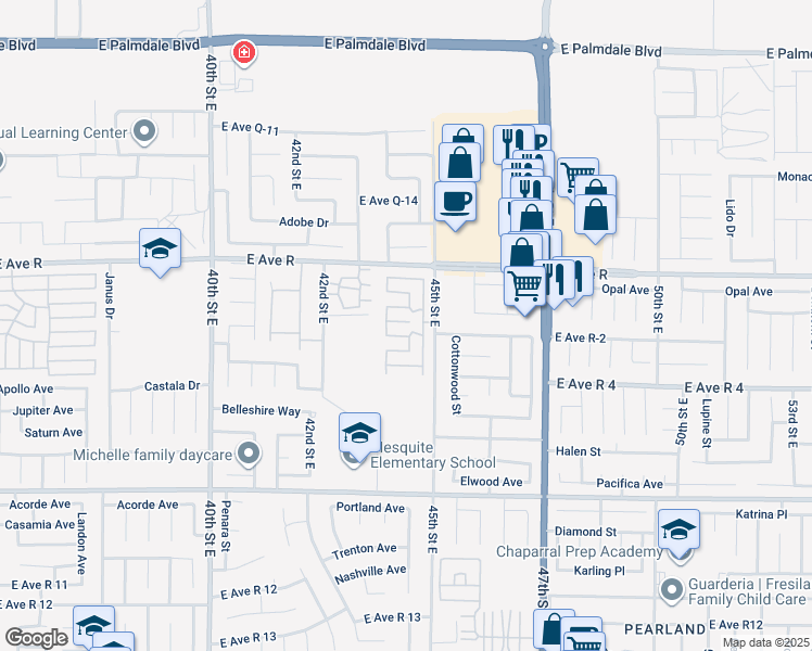 map of restaurants, bars, coffee shops, grocery stores, and more near 37840 45th Street East in Palmdale