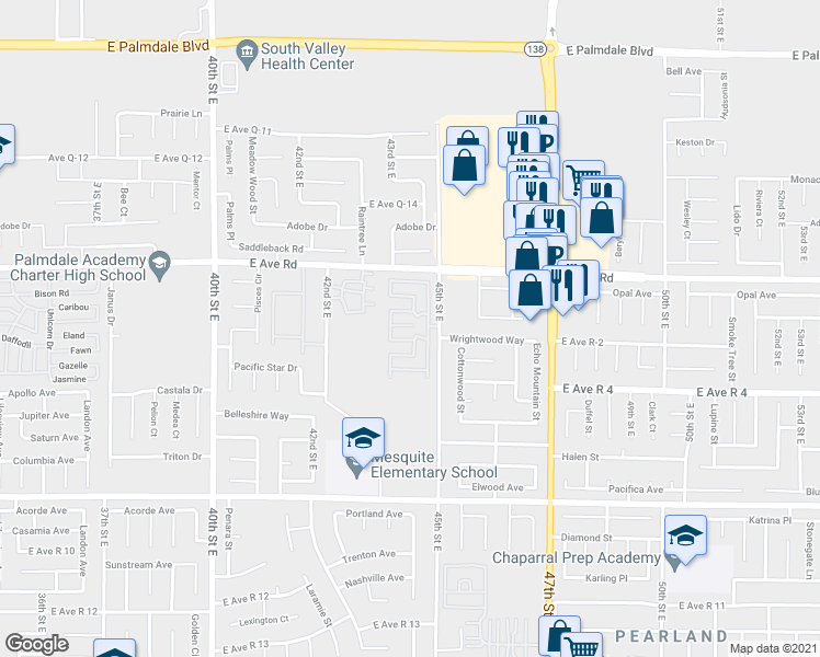 map of restaurants, bars, coffee shops, grocery stores, and more near in Palmdale