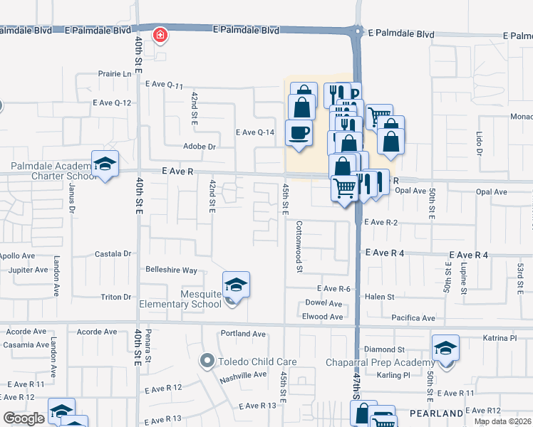 map of restaurants, bars, coffee shops, grocery stores, and more near 37840 45th Street East in Palmdale