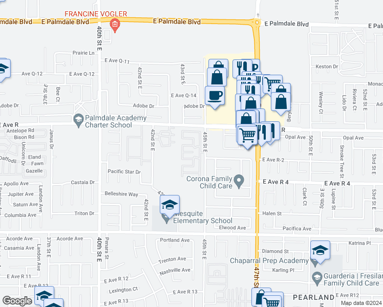 map of restaurants, bars, coffee shops, grocery stores, and more near in Palmdale
