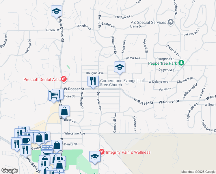 map of restaurants, bars, coffee shops, grocery stores, and more near 641 West Rosser Street in Prescott