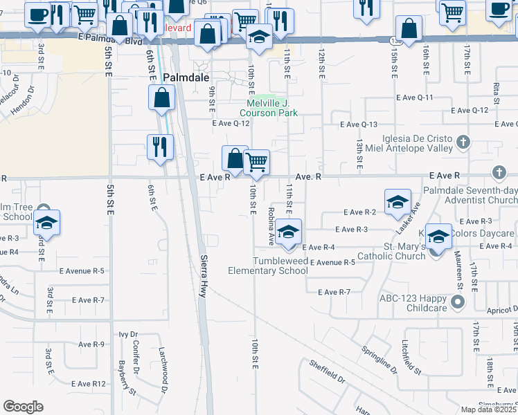 map of restaurants, bars, coffee shops, grocery stores, and more near 37910 10th Street East in Palmdale