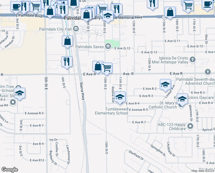 map of restaurants, bars, coffee shops, grocery stores, and more near 37910 10th Street East in Palmdale