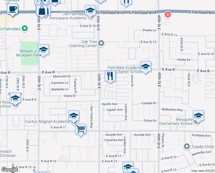 map of restaurants, bars, coffee shops, grocery stores, and more near 49 Daffodil in Palmdale