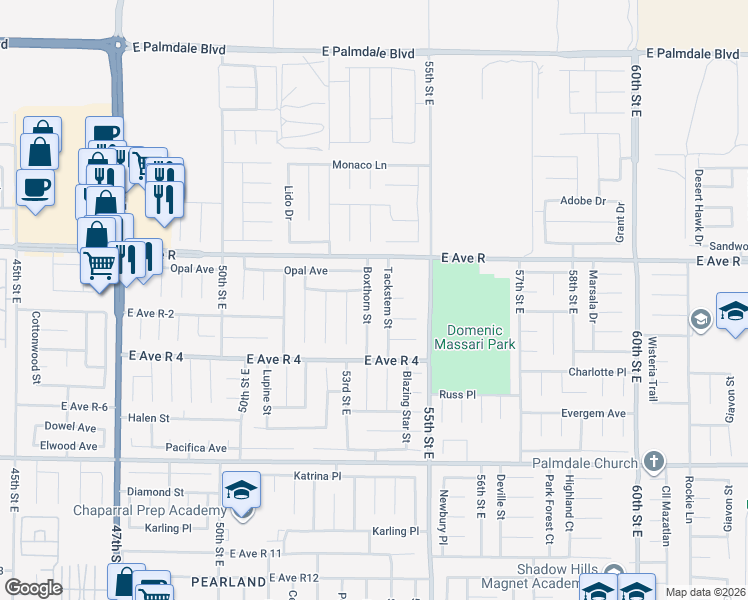 map of restaurants, bars, coffee shops, grocery stores, and more near 37912 Boxthorn Street in Palmdale
