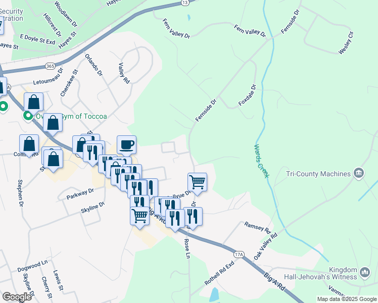 map of restaurants, bars, coffee shops, grocery stores, and more near 1541 Fernside Drive in Toccoa